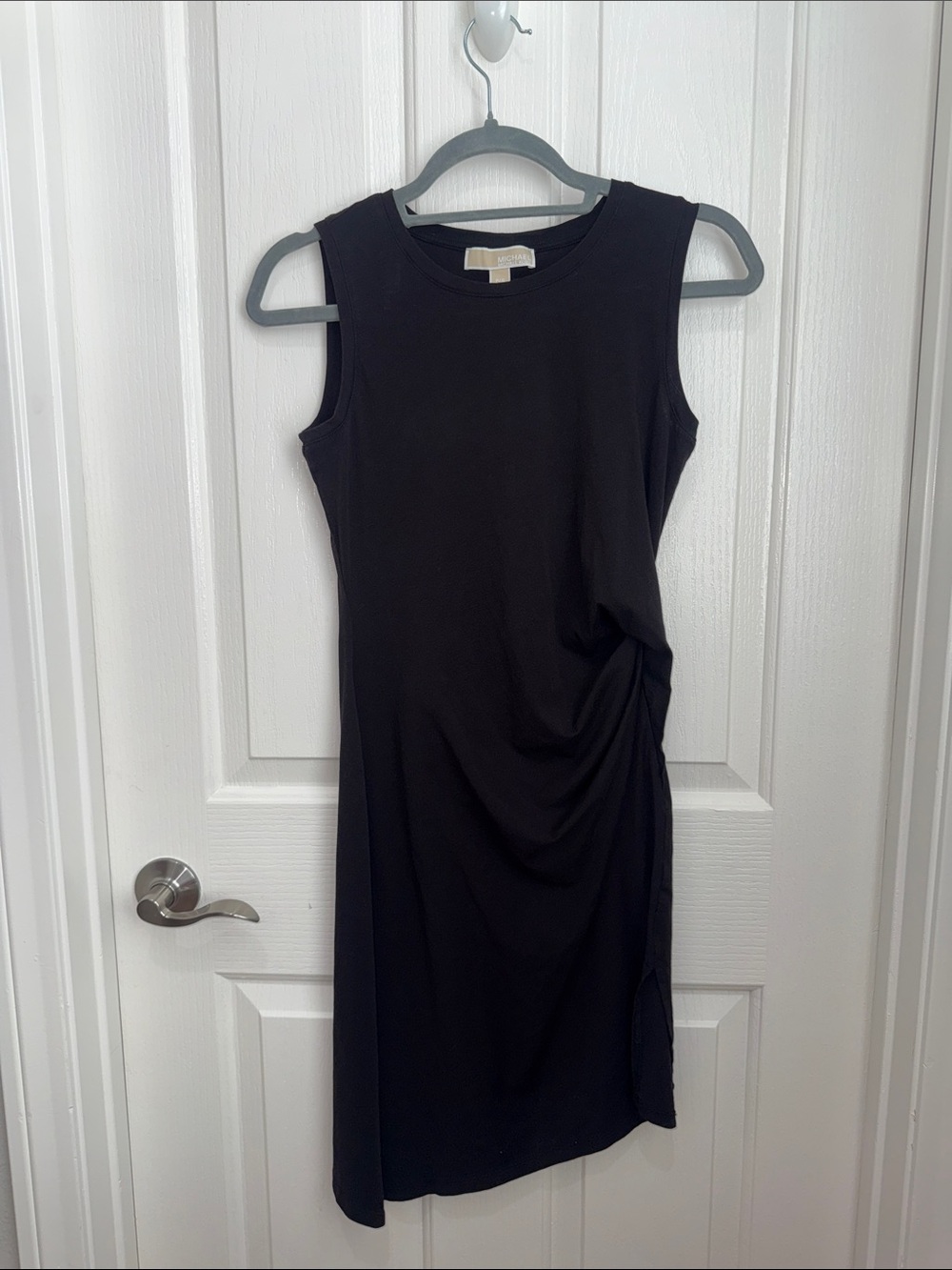 Michael Kors Black Sleeveless Ruched Midi Dress with Side Slits - Petite Small